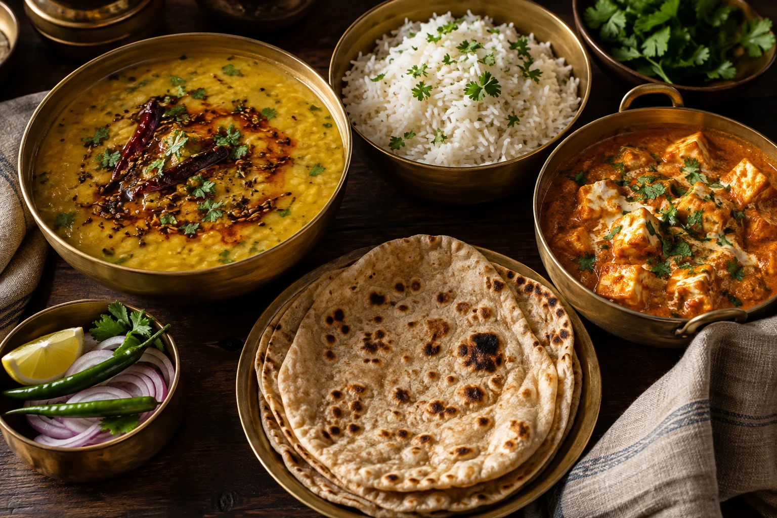Home-style dal, paneer curry, rice and fresh roti served in brass bowls